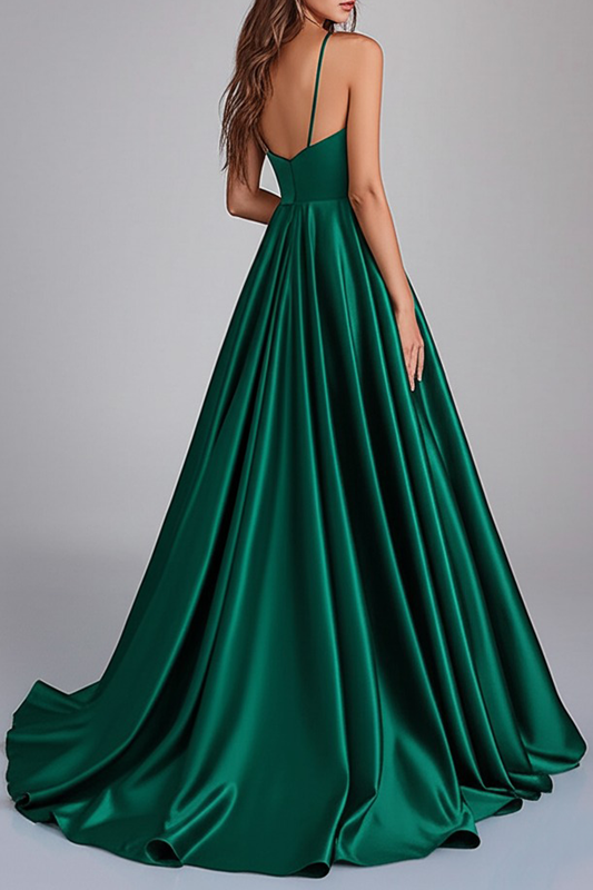 A Line Dark Green Ruched Deep V-Neck Long Prom Dress with Slit