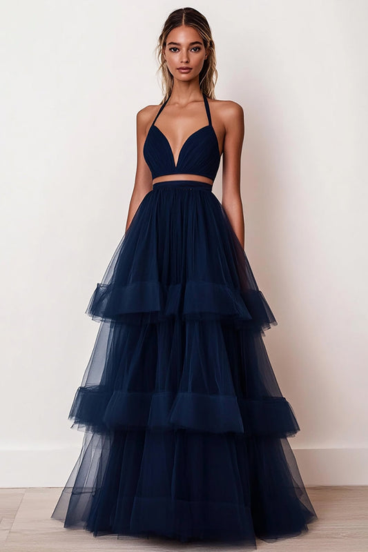A Line Navy Tulle Separated Tiered Long Prom Dress