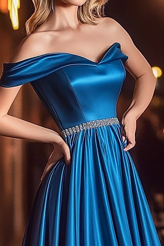 A Line Royal Blue Satin One Shoulder Long Prom Dress with Pleated