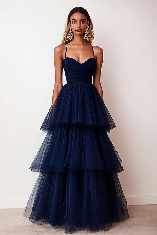 Navy A Line Tiered Sweetheart Long Tulle Prom Dress