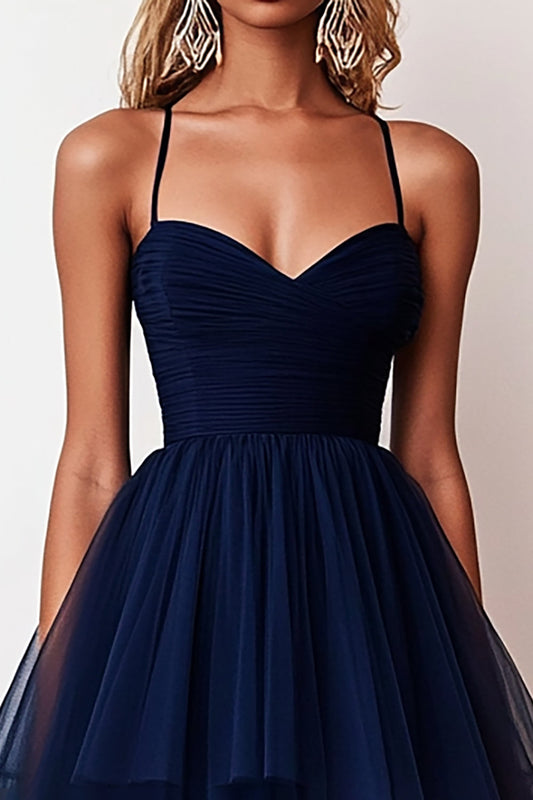 Navy A Line Tiered Sweetheart Long Tulle Prom Dress