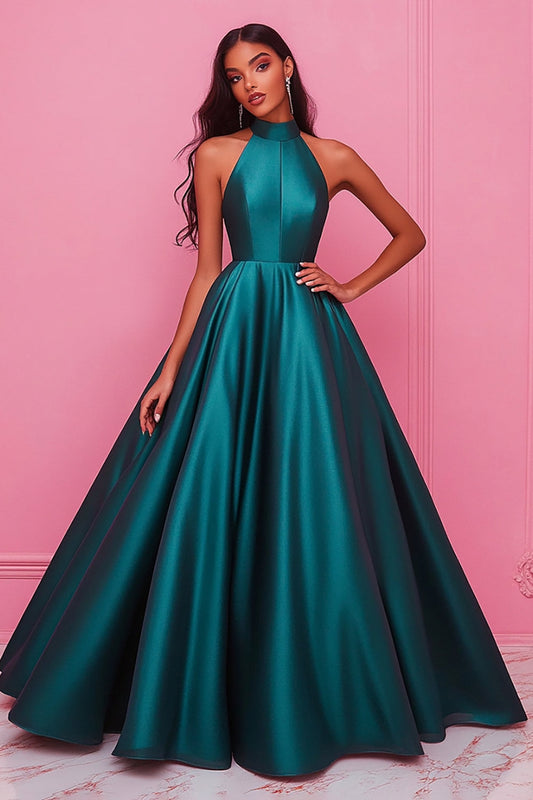 Satin Dark Green Ball Gown Halter Long Prom Dress