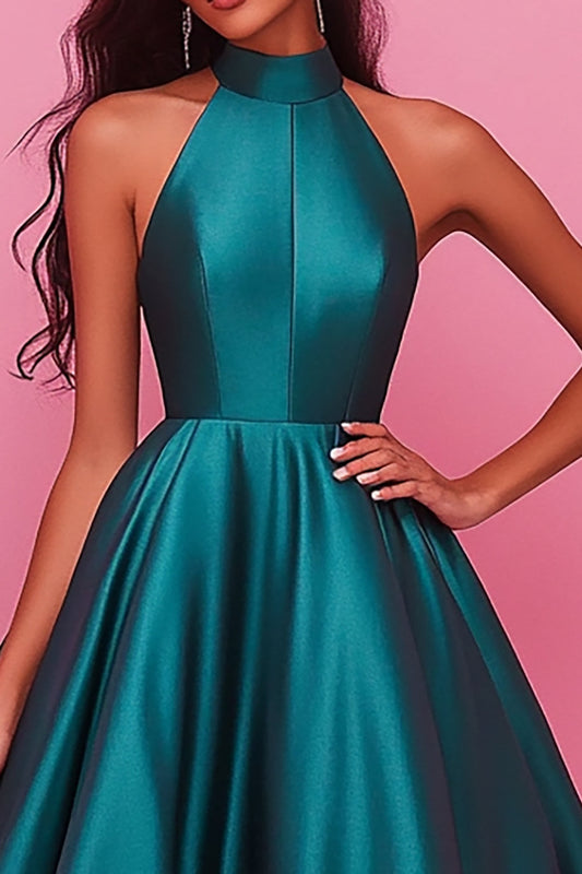 Satin Dark Green Ball Gown Halter Long Prom Dress