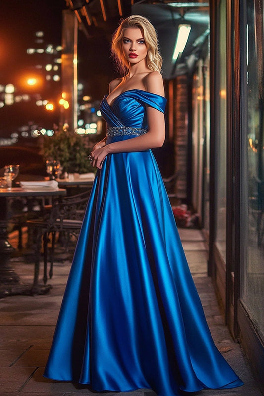 Royal Blue Satin A Line Long Off the Shoulder Prom Dress