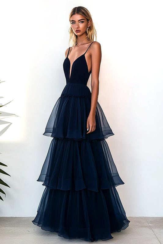 Navy A Line Spaghetti Straps Deep V-Neck Long Prom Dress