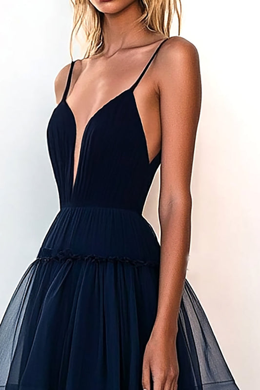 Navy A Line Spaghetti Straps Deep V-Neck Long Prom Dress