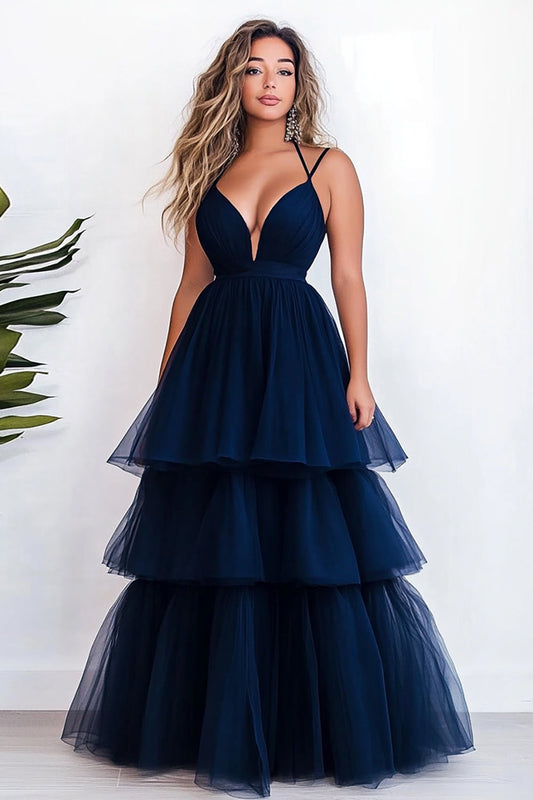 Navy A Line Tulle Spaghetti Straps V-Neck Long Prom Dress