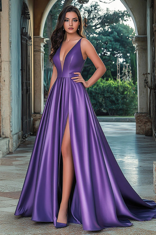 Plum A Line Satin Deep V-Neck Long Prom Dress with Slit