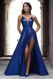 Sparkly Royal Blue A Line Deep V-Neck Long Prom Dress with Slit Sparkly Royal Blue A Line Deep V-Neck Long Prom Dress with Slit