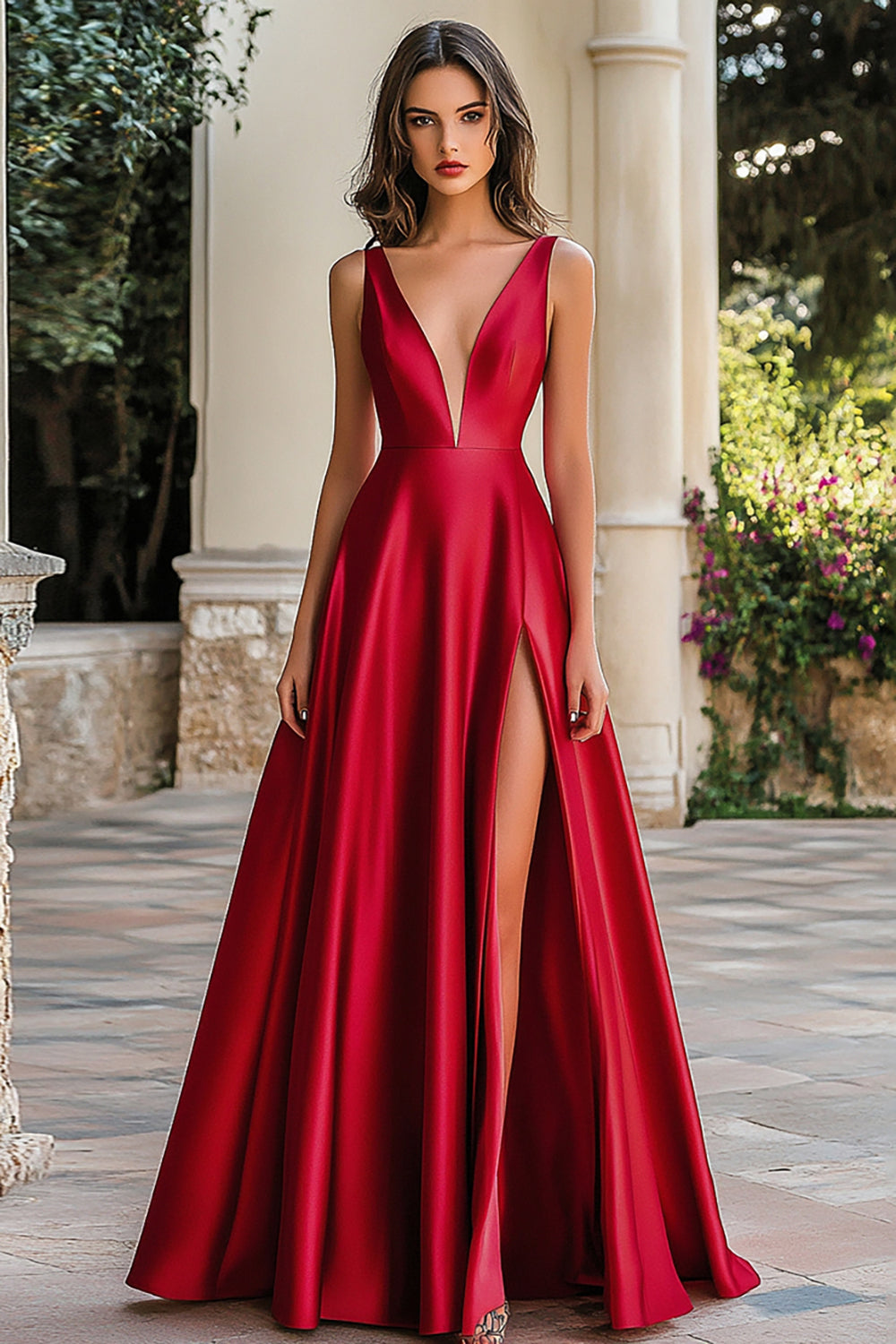 deep red formal dress ZAPAKASA Women Red A Line Satin Prom Dress with Slit Deep V-Neck Ruched Long Formal Dress