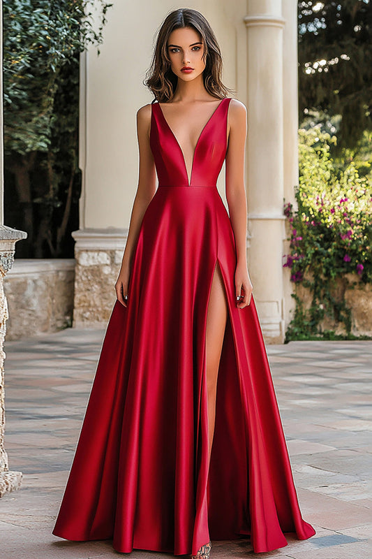 Red A Line Satin Deep V-Neck Long Prom Dress with Slit