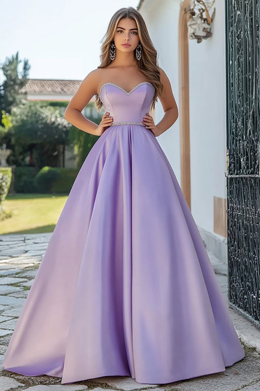 A Line Lilac Satin Sweetheart Long Prom Dress