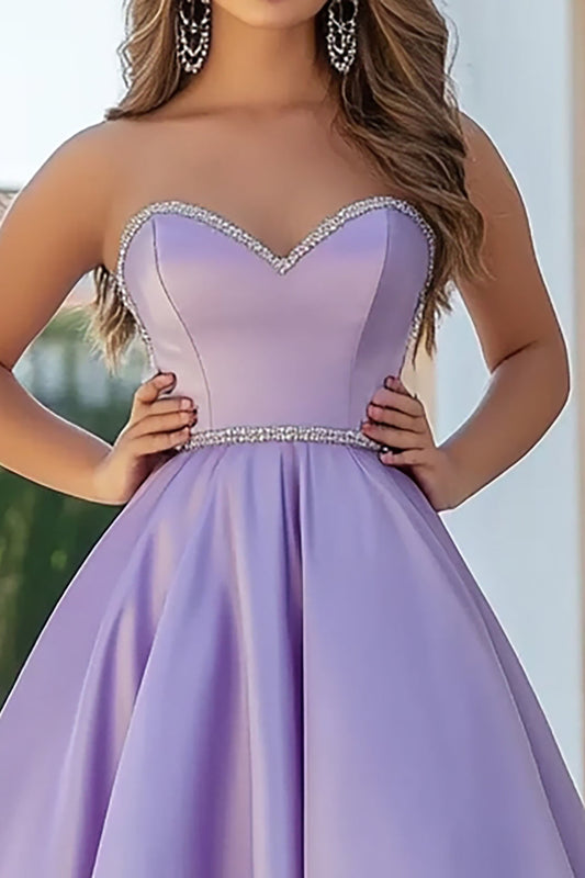 A Line Lilac Satin Sweetheart Long Prom Dress