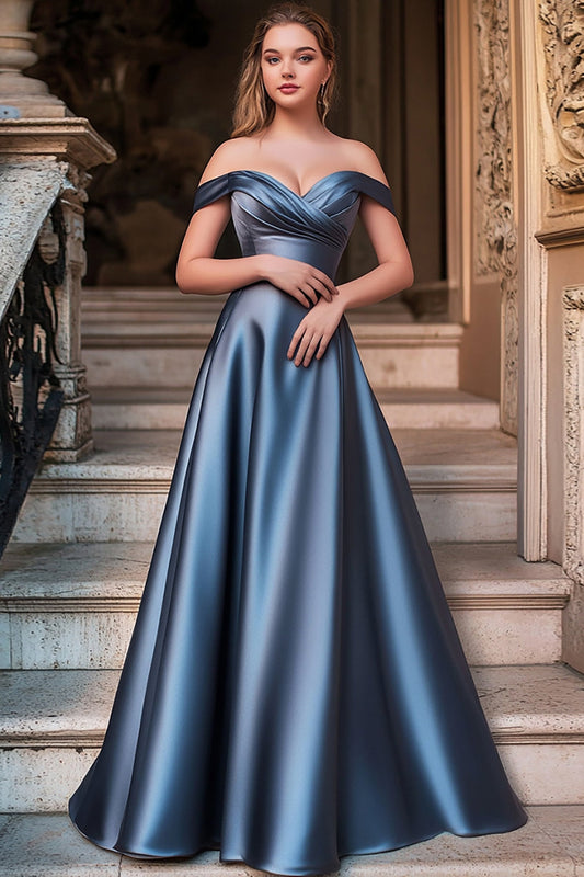 Dusty Blue A Line Off the Shoulder Satin Long Prom Dress