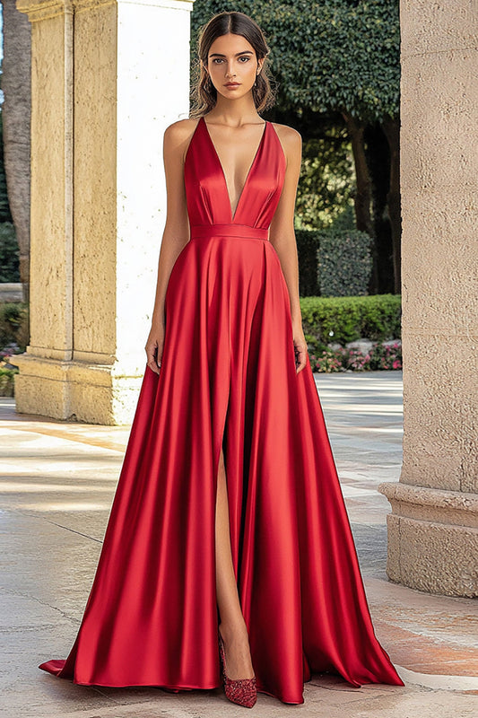 A Line Red Deep V-Neck Satin Long Prom Dress with Slit