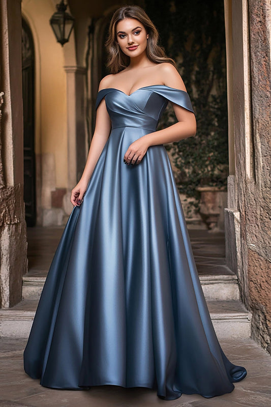 Off the Shoulder Dusty Blue A Line Satin Long Prom Dress