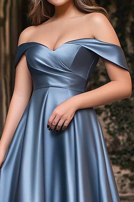 Off the Shoulder Dusty Blue A Line Satin Long Prom Dress