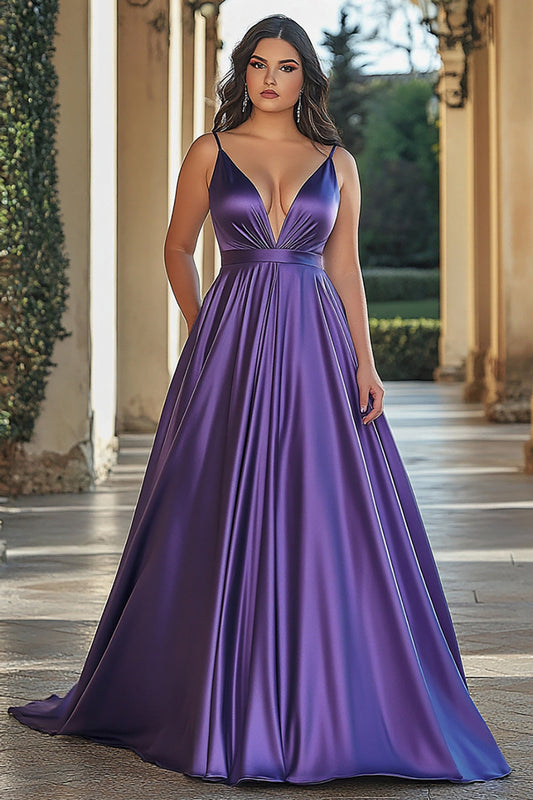 Plum A Line Deep V-Neck Satin Long Prom Dress