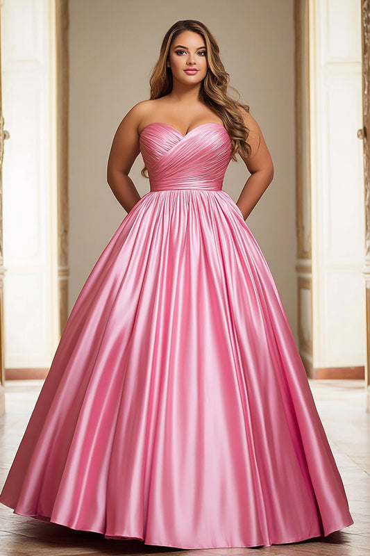 Pink Ball Gown Strapless Satin Long Prom Dress