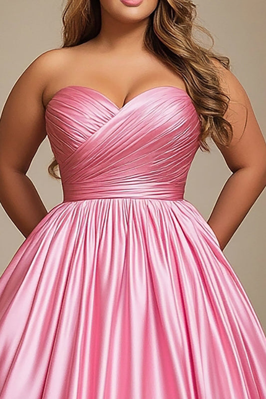 Pink Ball Gown Strapless Satin Long Prom Dress