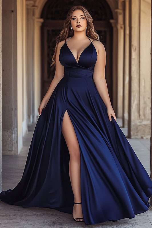 Navy A Line Spaghetti Straps Satin Long Prom Dress with Slit