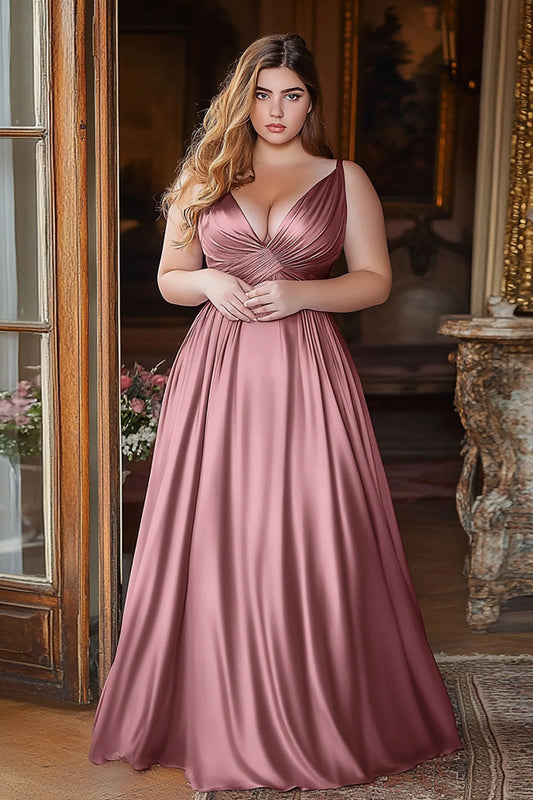 A Line Dusty Rose V-Neck Ruched Satin Long Prom Dress
