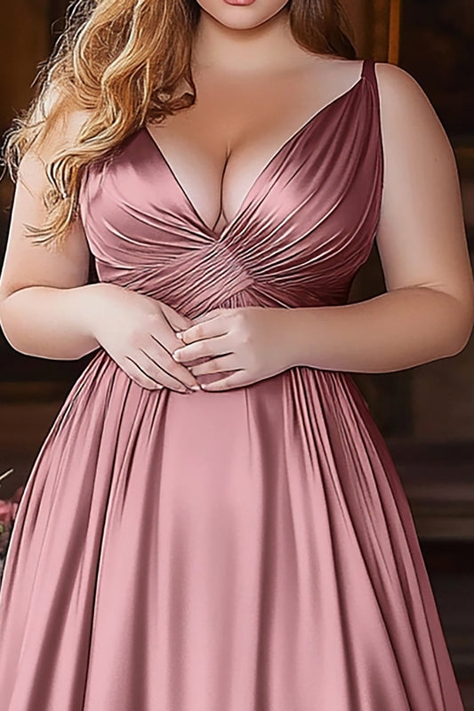 A Line Dusty Rose V-Neck Ruched Satin Long Prom Dress