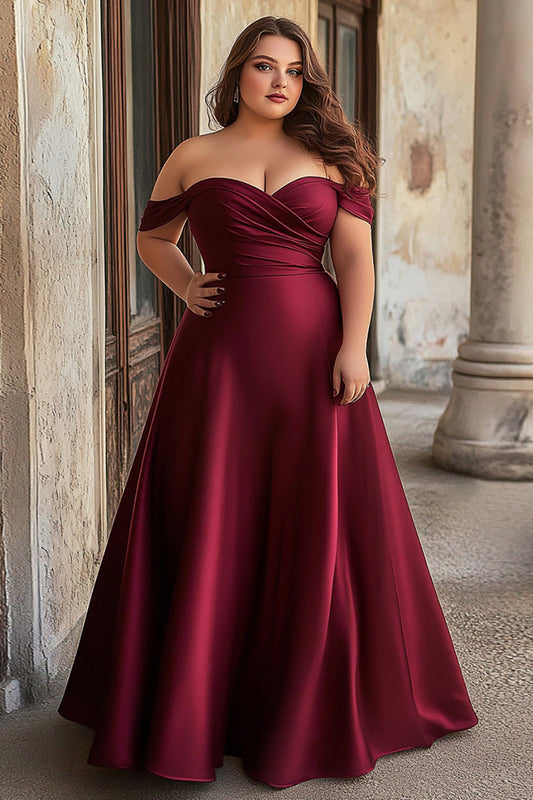 Burgundy Off the Shoulder Satin Long Prom Dress