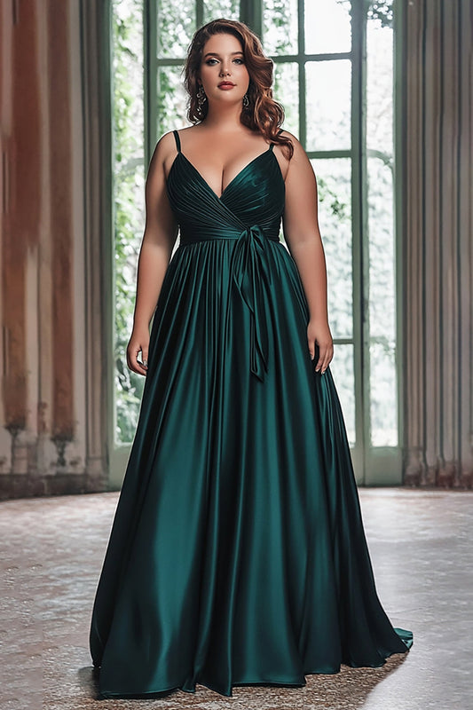 A Line Dark Green Ruched Satin Long Prom Dress with Cape