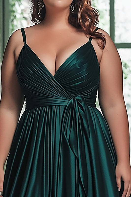 A Line Dark Green Ruched Satin Long Prom Dress with Cape