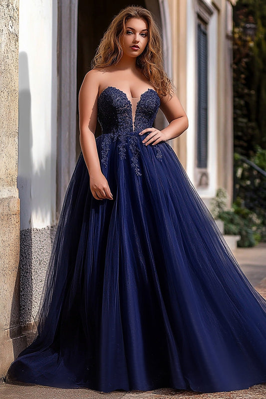 Navy Ball Gown Tulle Long Prom Dress with Appliques