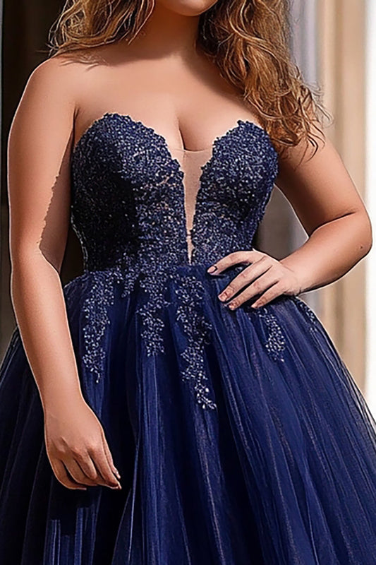 Navy Ball Gown Tulle Long Prom Dress with Appliques