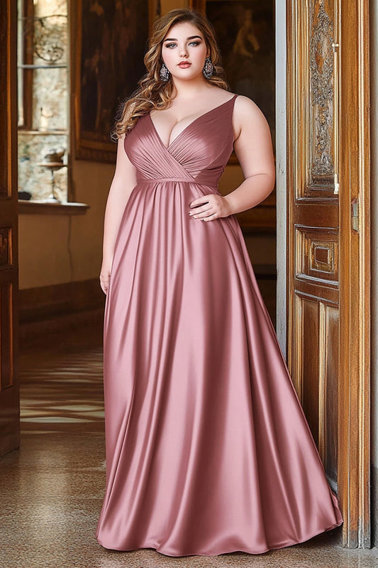 A Line Dusty Rose V-Neck Satin Long Prom Dress
