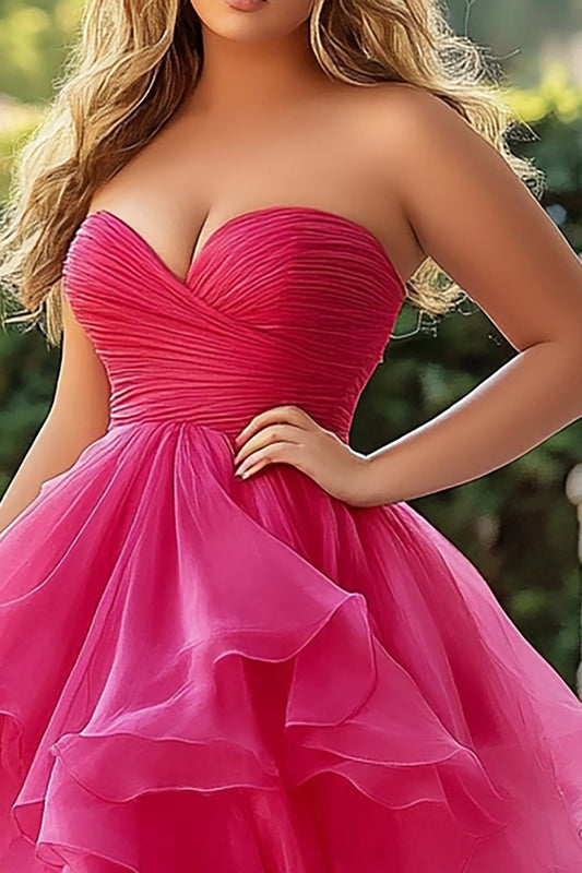 Fuchsia A Line Tiered Long Sweetheart Prom Dress with Slit
