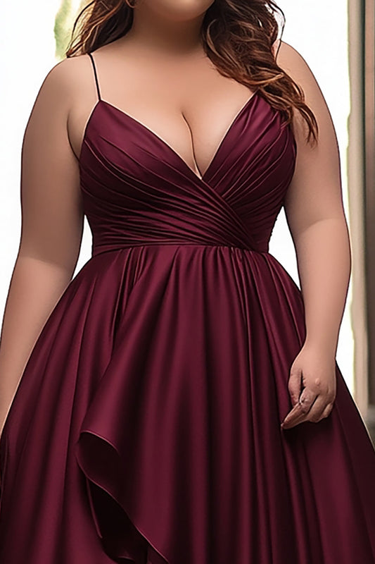 Burgundy A Line Satin V-Neck High-Low Prom Dress