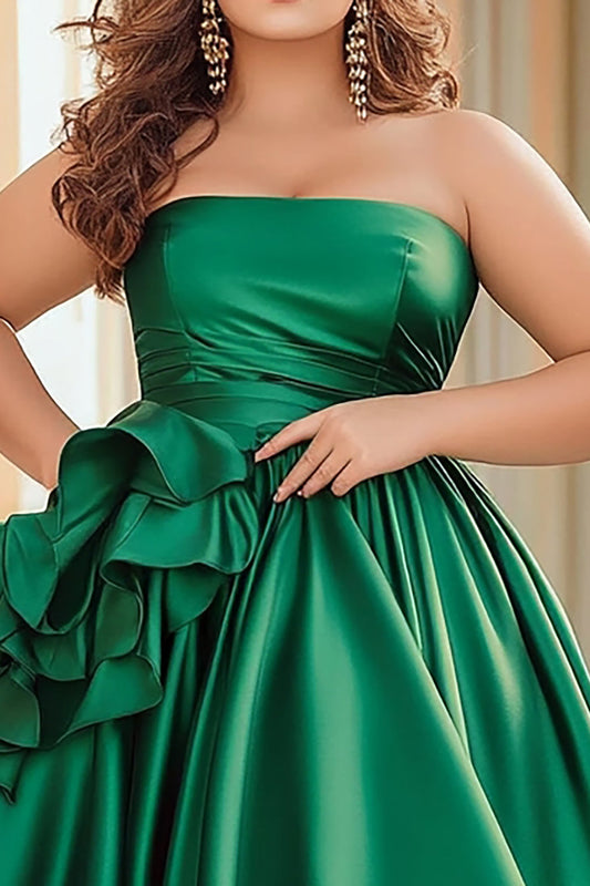 Green A Line Satin Square Neck Long Prom Dress with Ruffles