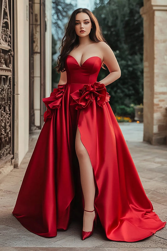 Red A Line Satin Strapless Long Prom Dress with Slit