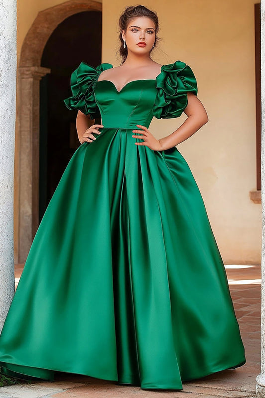 Plus Size Green Satin A Line Long Prom Dress with Puff Sleeves