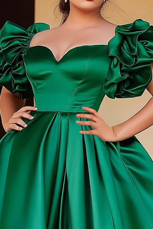 Plus Size Green Satin A Line Long Prom Dress with Puff Sleeves