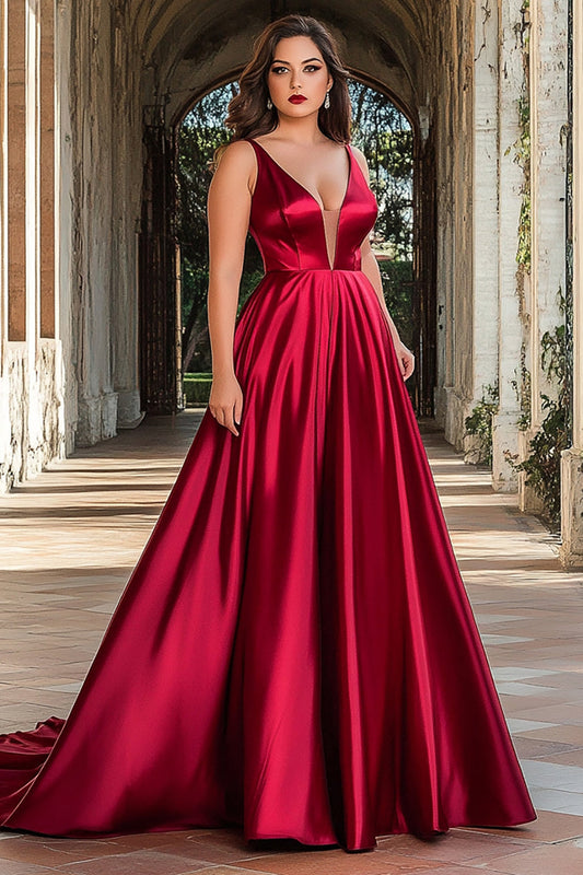 A Line Red Satin Deep V-Neck Long Prom Dress
