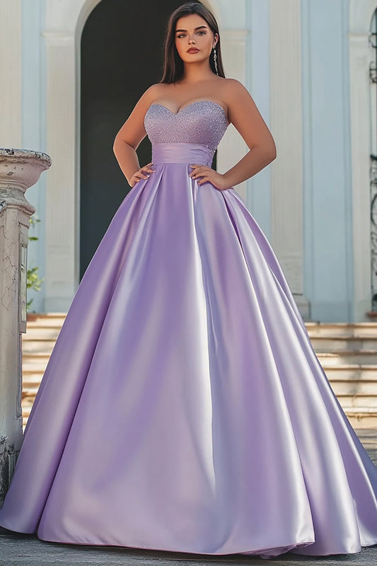 Lilac Ball Gown Satin Strapless Long Prom Dress with Beading