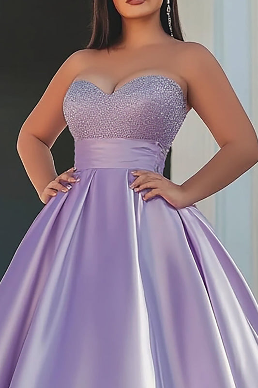 Lilac Ball Gown Satin Strapless Long Prom Dress with Beading