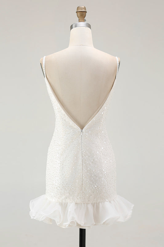 Sparkly White Sequins V-Neck Bodycon Short Homecoming Dress with Ruffles