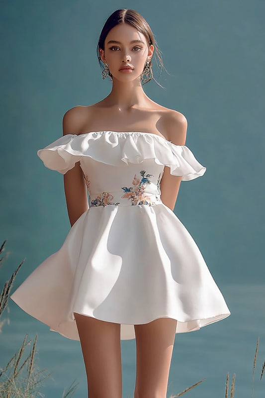 White Mini Satin A Line Mini Graduation Dress with Ruffles