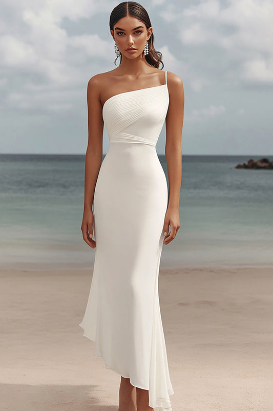 White Bodycon Chiffon Long Rehearsal Dinner Dress One Shoulder Ruched Engagement Dress