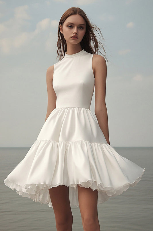 A Line White Satin Mini Sleeveless Graduation Dress