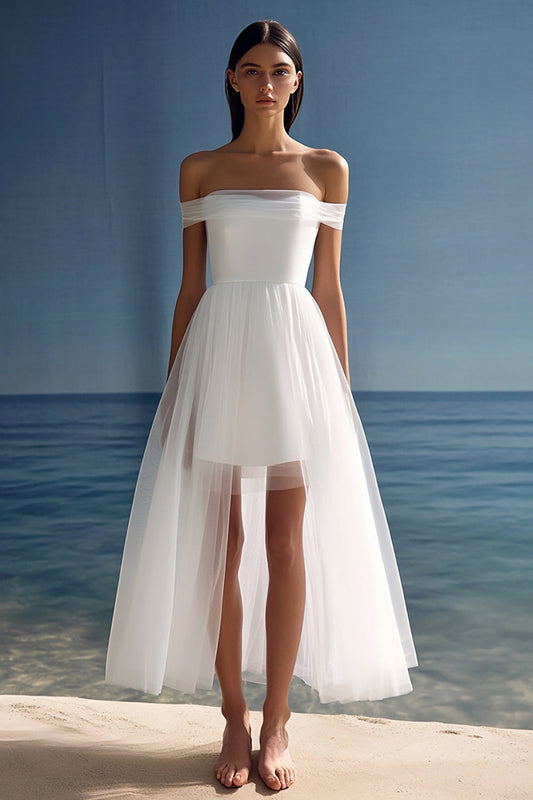 White Tulle High-Low A Line Rehearsal Dinner Dress
