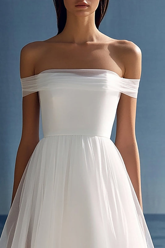 White Tulle High-Low A Line Rehearsal Dinner Dress