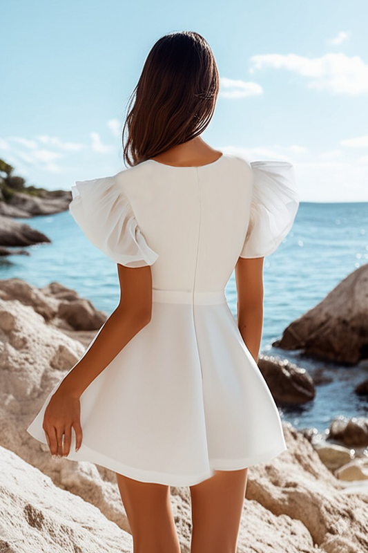 White Satin Mini A Line Graduation Dress with Ruffles