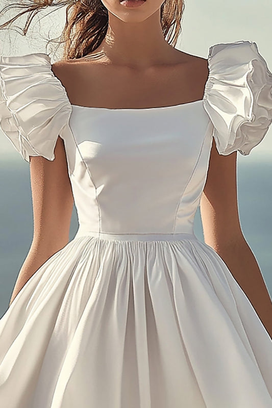 White Satin Mini A Line Graduation Dress with Ruffles